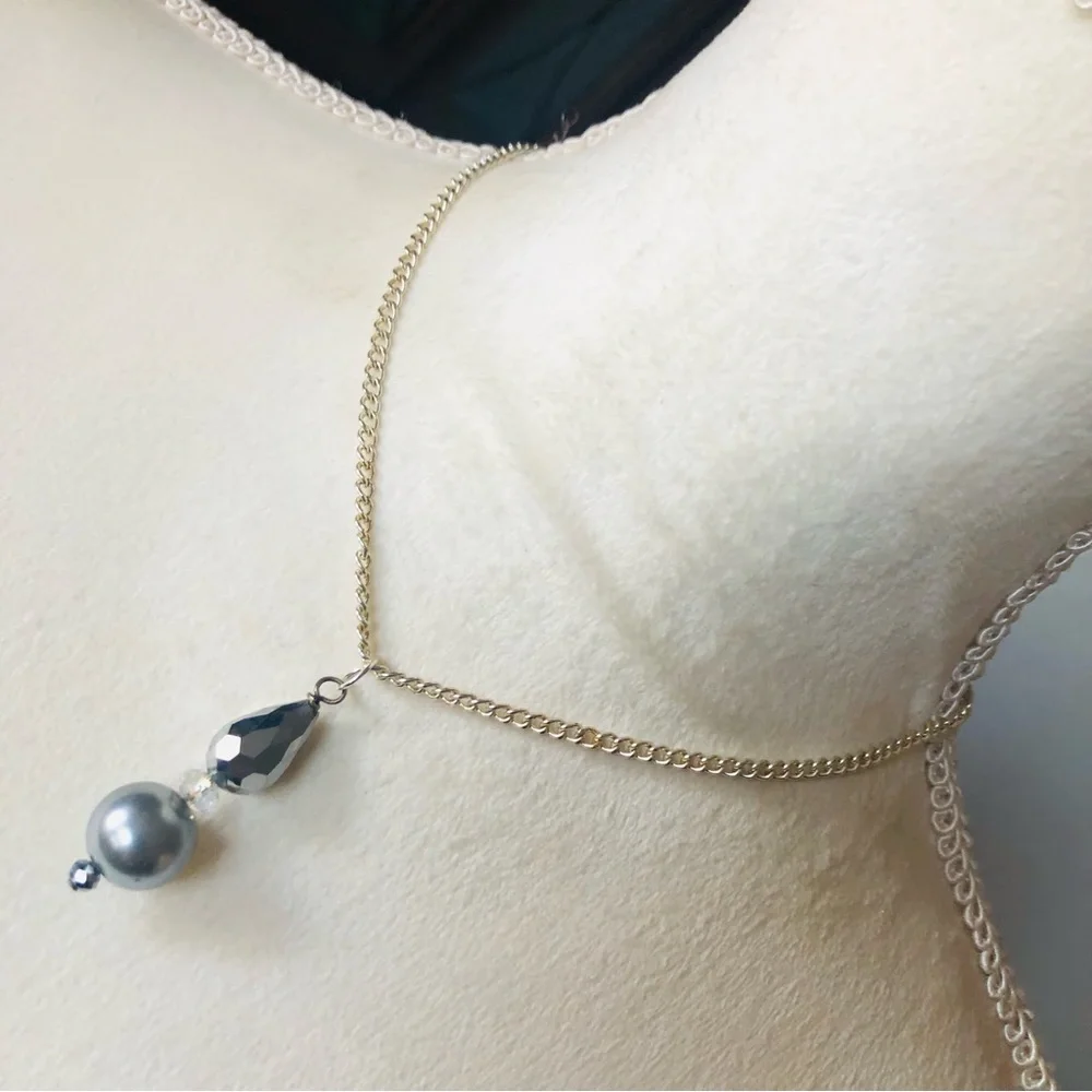 Handcrafted faceted glass crystal and pearl drop pendant on chain necklace